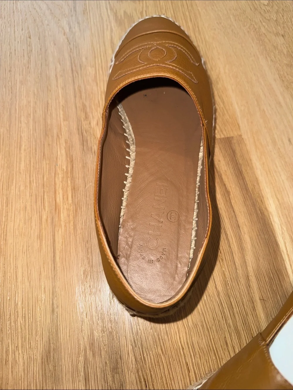 CHANEL Tan Leather Espadrille Flats